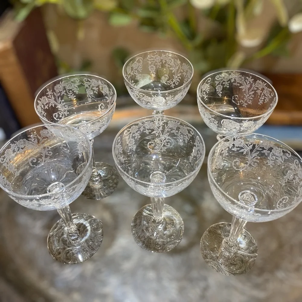 40’s Fostoria Buttercup Set 6 Vintage Cocktail Liquor Stem Goblets Elegant Glass